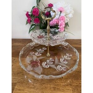 Vintage Walther Kristallglas Tiered Serving Tray Pink Floral‎ Glass Cake Stand